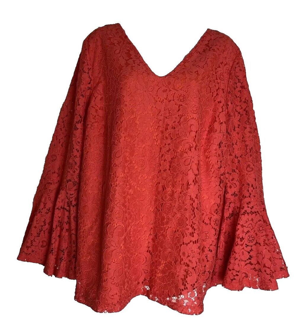 Roamans Floral Lace Women's Orange Top Blouse 2X Bell Sleeve Fairy Career Dressy